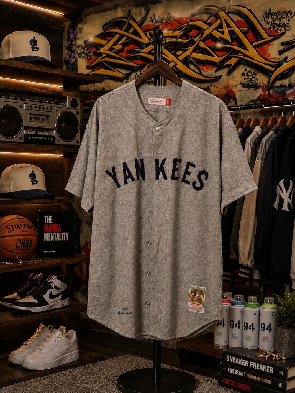 Mitchell & Ness Gray 'YAN KEES' Short-Sleeve Baseball Jersey